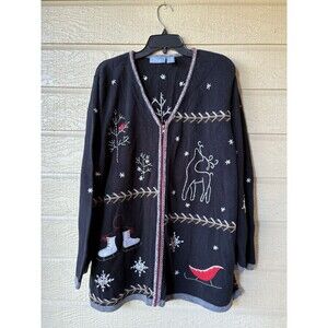 Liz & Me womens Vintage Christmas Holiday Cardigan Sweater sz 1X 18 20 Black Zip